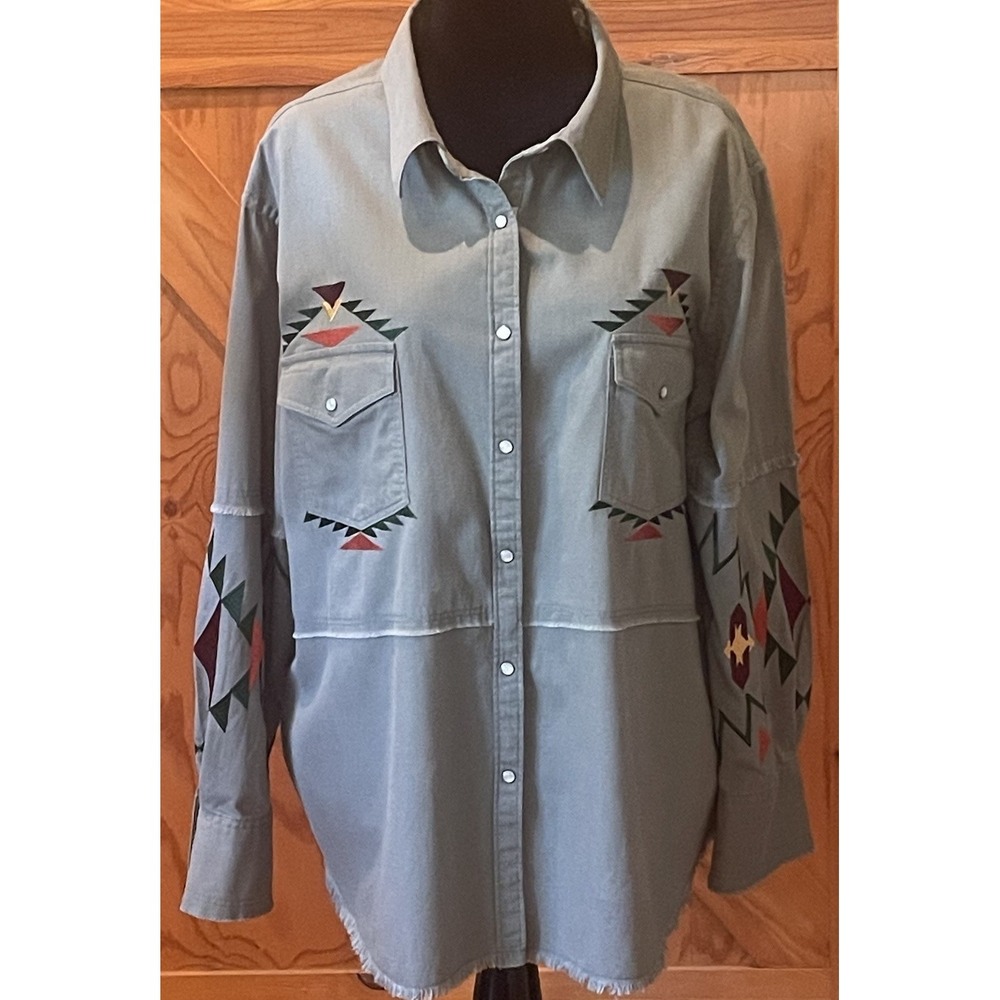 Panhandle Green Western Pearl Snap Shirt Womens XXL Rodeo Cowgirl Embroidered LS